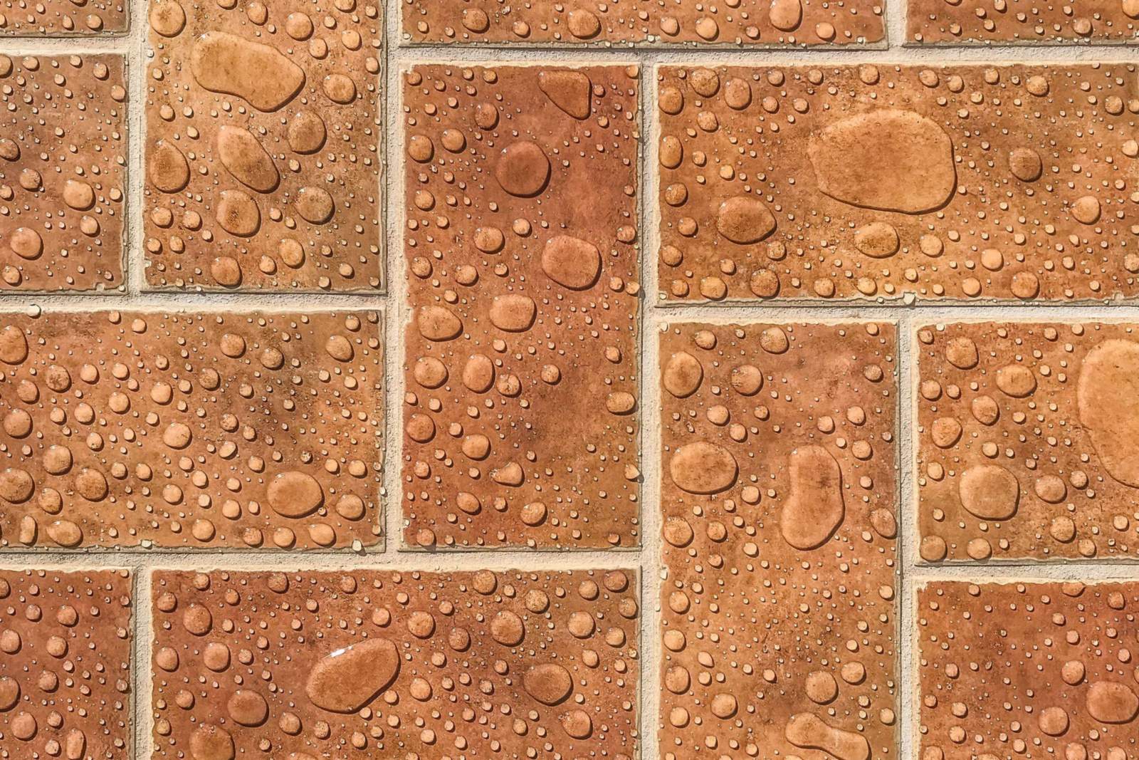 Water beading into round droplets on sealed clay paver tiles laid in a basketweave pattern