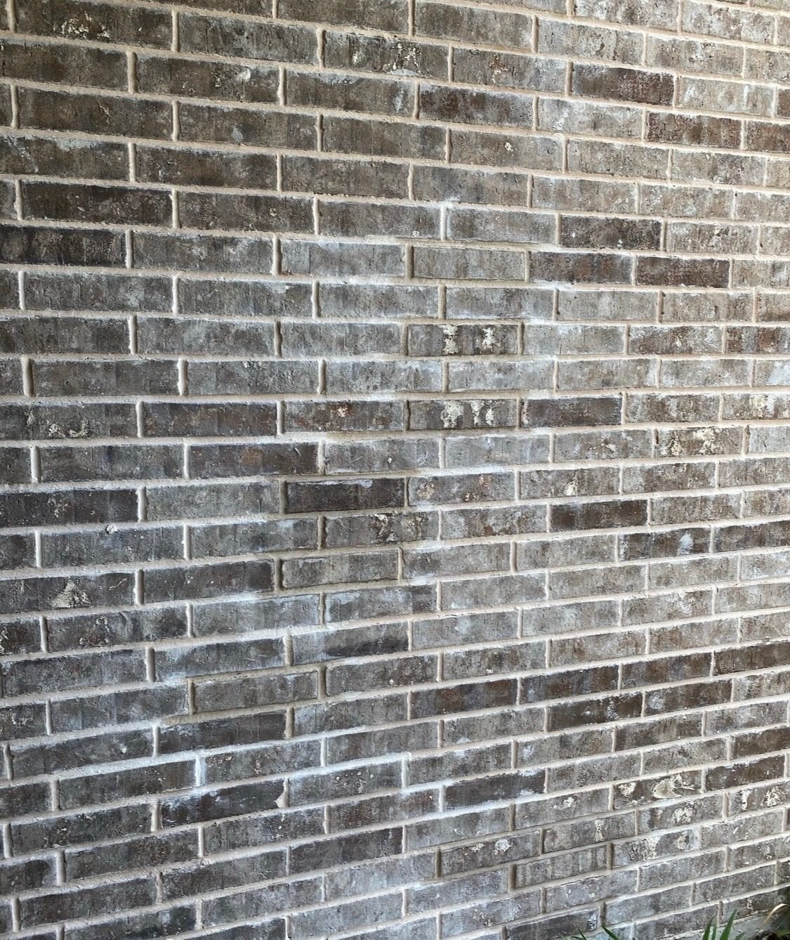 The same gray brick wall after the repair, with the new brick and mortar matching the wall